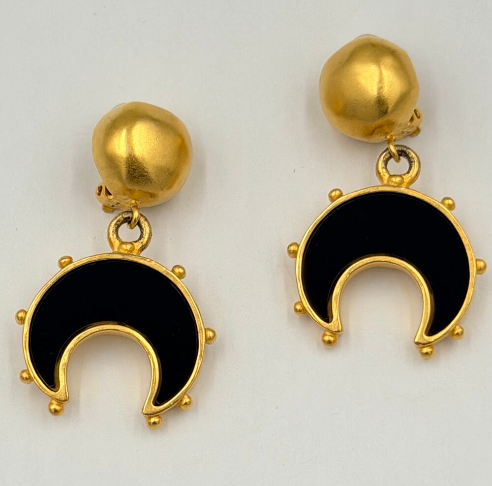 Vintage Karl Lagerfeld Black Enamel Crescent Moon Drop Statement Clip Earrings